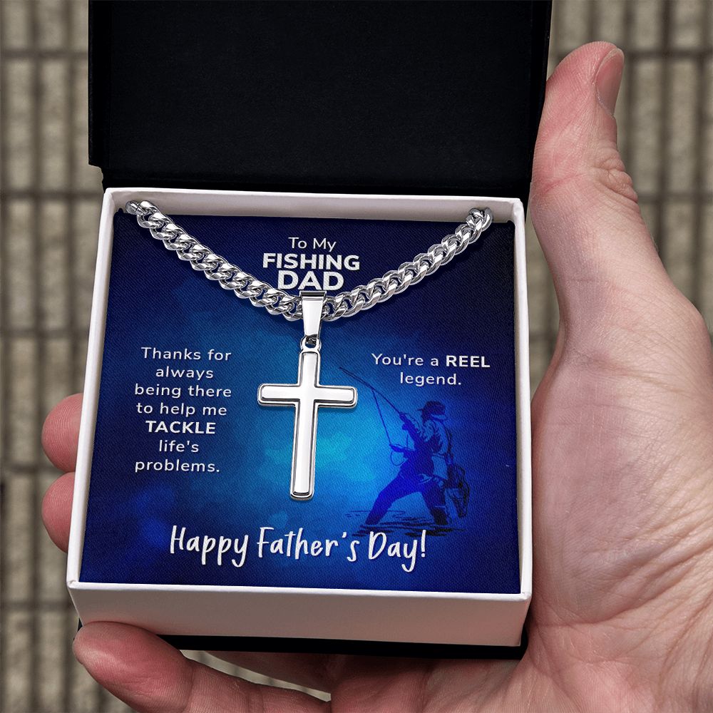 To My Fishing Dad, Cross Pendant with Cuban Chain
