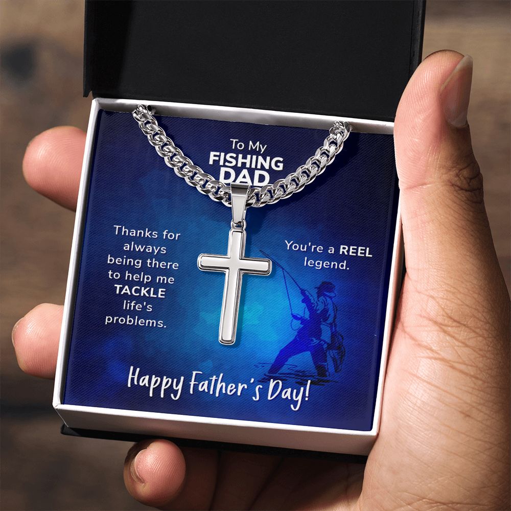 To My Fishing Dad, Cross Pendant with Cuban Chain