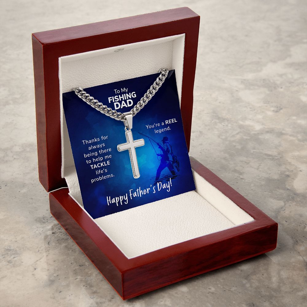 To My Fishing Dad, Cross Pendant with Cuban Chain