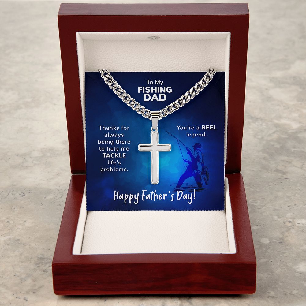 To My Fishing Dad, Cross Pendant with Cuban Chain