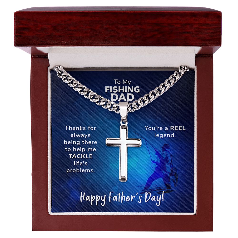 To My Fishing Dad, Cross Pendant with Cuban Chain