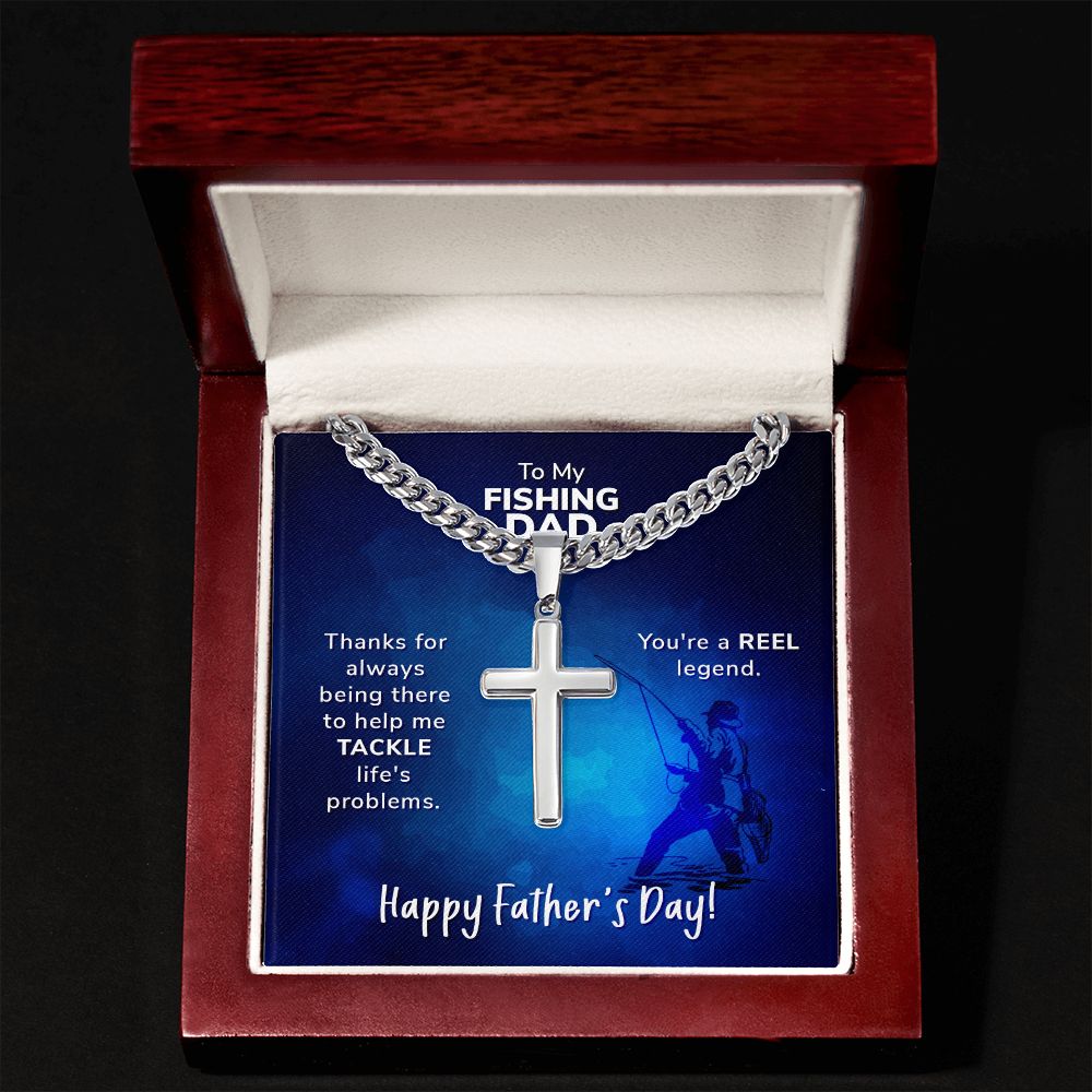 To My Fishing Dad, Cross Pendant with Cuban Chain