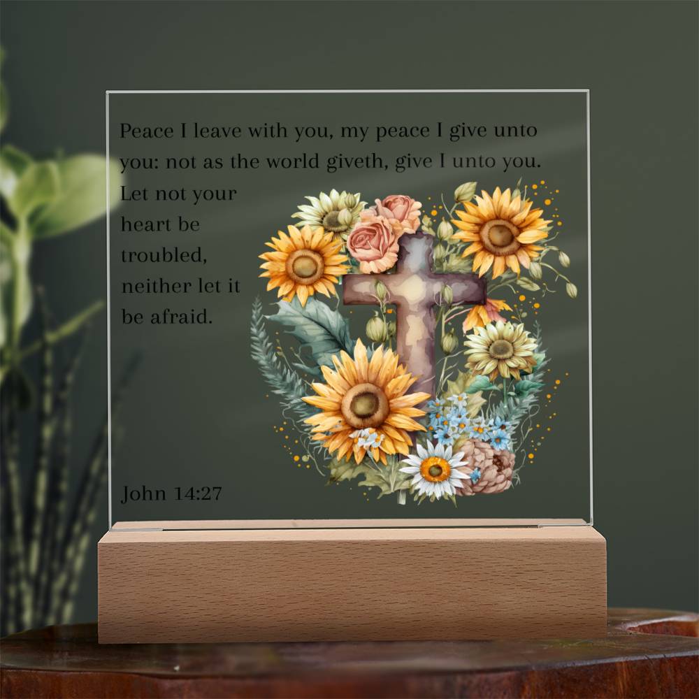 Bible Verse Acrylic Plaque with Sunflowers and Cross, John 14:27