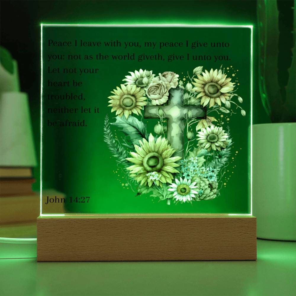 Bible Verse Acrylic Plaque with Sunflowers and Cross, John 14:27