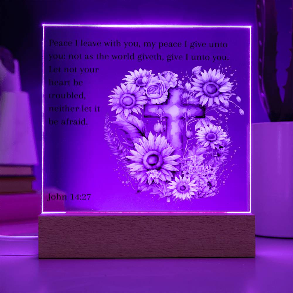 Bible Verse Acrylic Plaque with Sunflowers and Cross, John 14:27