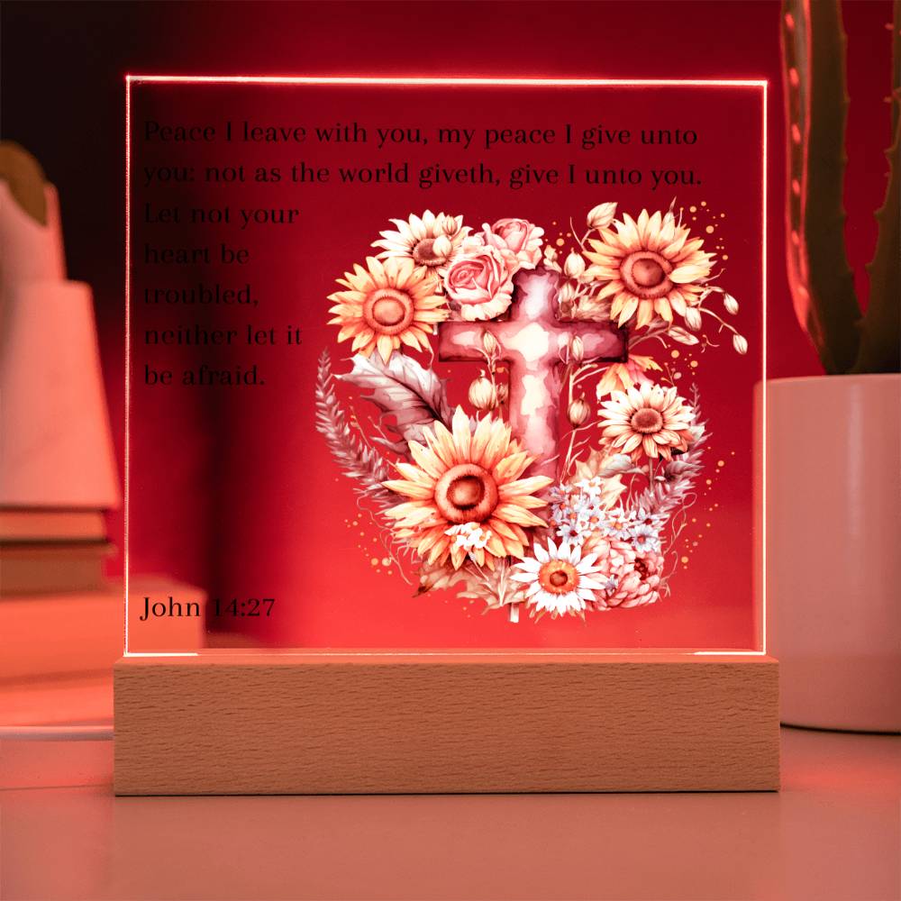 Bible Verse Acrylic Plaque with Sunflowers and Cross, John 14:27