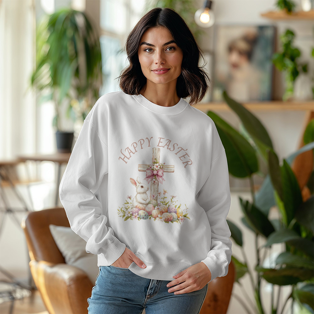 Easter Shirt for Her,  Christian Shirt for Woman, Happy Easter Cross, Bunny and Easter Eggs with Coquette Bow
