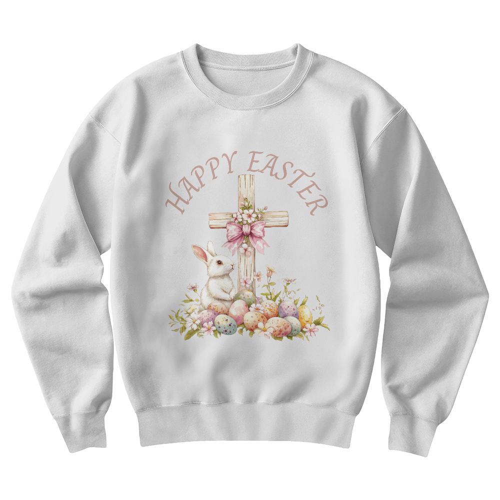 Easter Shirt for Her,  Christian Shirt for Woman, Happy Easter Cross, Bunny and Easter Eggs with Coquette Bow